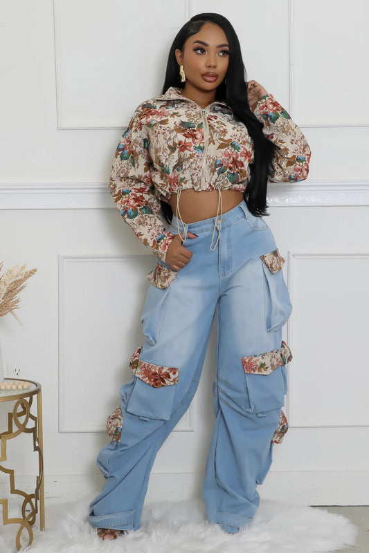 Floral Contrast Denim Cargo Set
