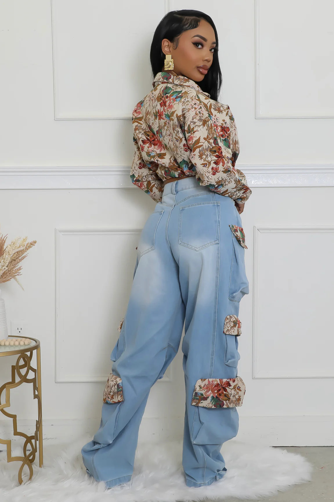 Floral Contrast Denim Cargo Set